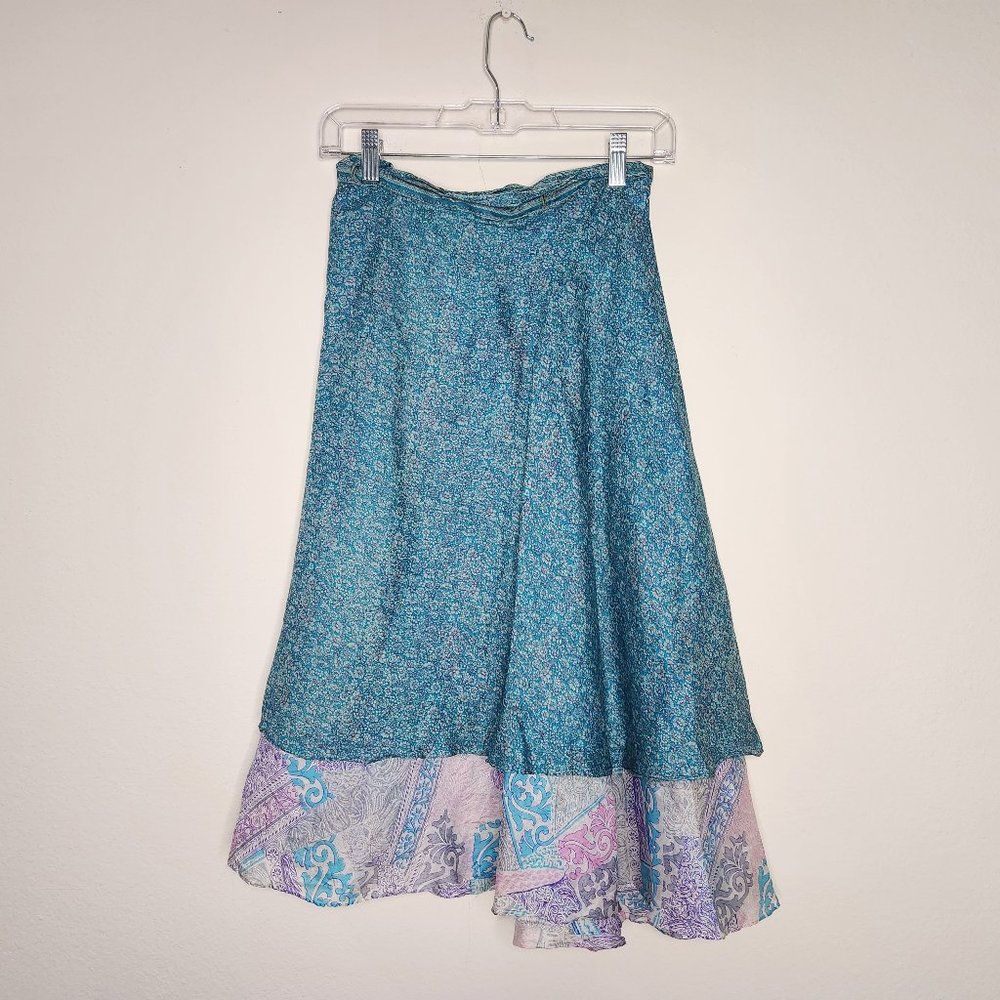 Alchemy Women's OS Blue Floral 100% Silk Wrap Tie Tiered Midi A-line Skirt Boho - Picture 5 of 5